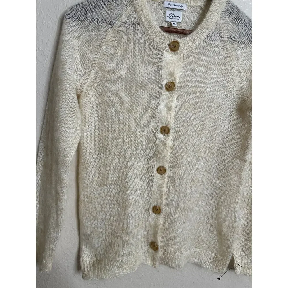L.L.Bean Mohair Cardigan Sweater Fuzzy Sheer Halo Knit Ivory Womans XS